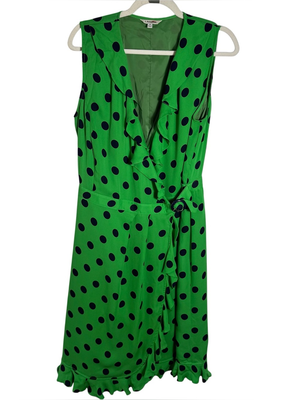 J. Peterman Silk Wrap Dress Green Polka Dot Ruffle Hem Size 14
